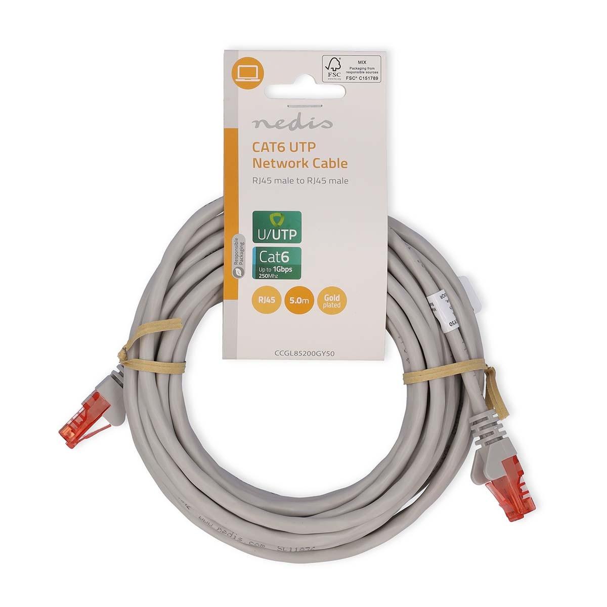 Nedis  Câble réseau CAT6 | RJ45 mâle | RJ45 mâle | U/UTP | 5.00 m | Rond | PVC | Gris | Etiquette 
