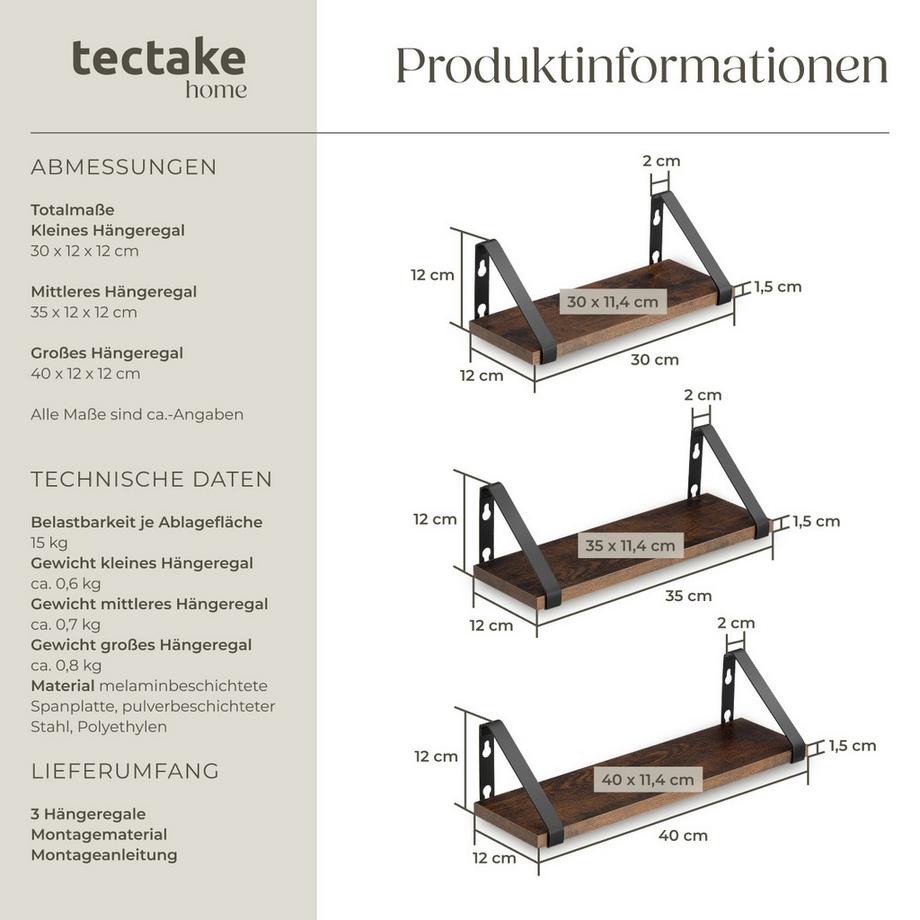 Tectake 3er Set Wandregal Cowell Industrial Style Holz und Stahl  