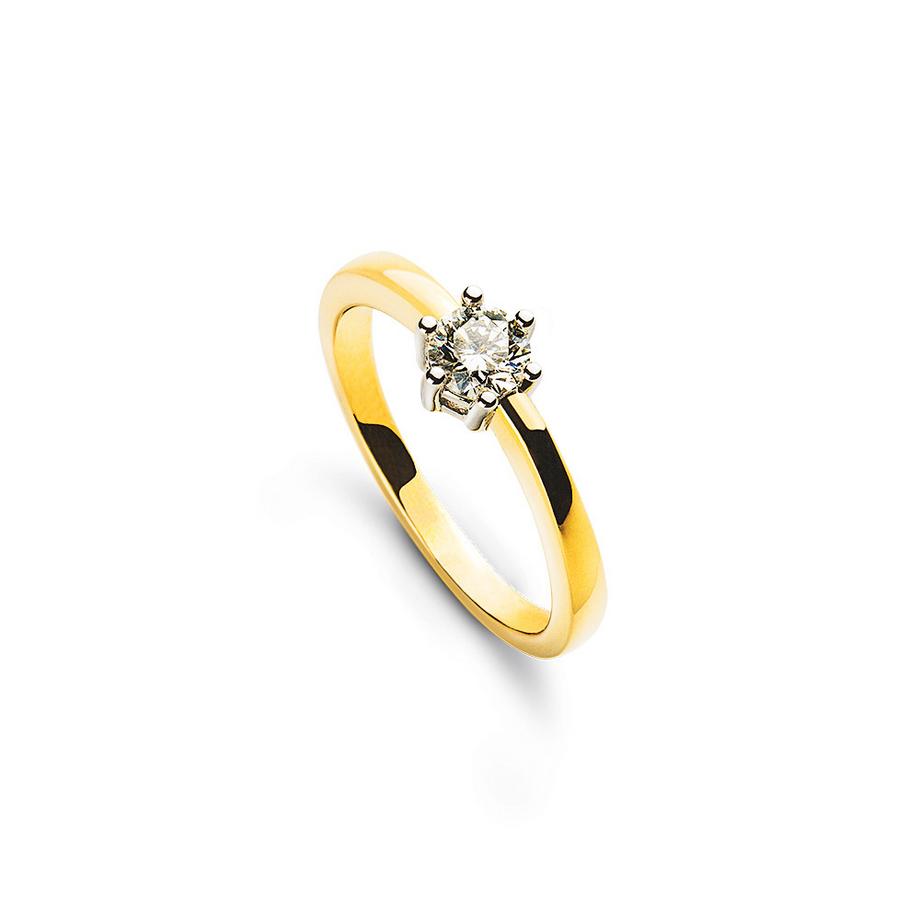 Solitär Ring 6-Griff-Fassung Gelbgold 750, Brillant 0.33ct. Fassung Weissgold 750, Brillant