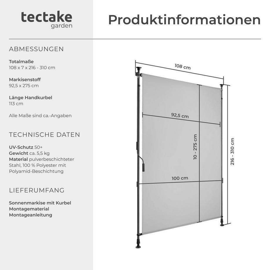 Tectake Klemmmarkise Taija verschiedene Größen UV-beständig und wasserabweisend  