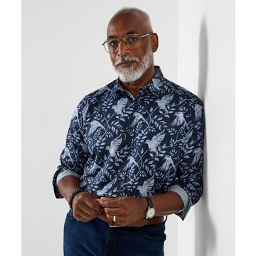 Langarmhemd mit klassischem Kragen und Vogelmotiv