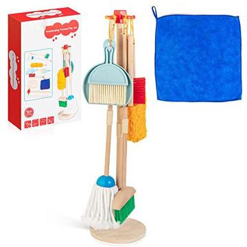 Ensemble de nettoyage en bois pour enfants, ensemble de jeu de rôle de jouets ménagers de 8 pièces comprenant un balai, une vadrouille, une pelle à poussière, des brosses, des chiffons, un support de brosse à main