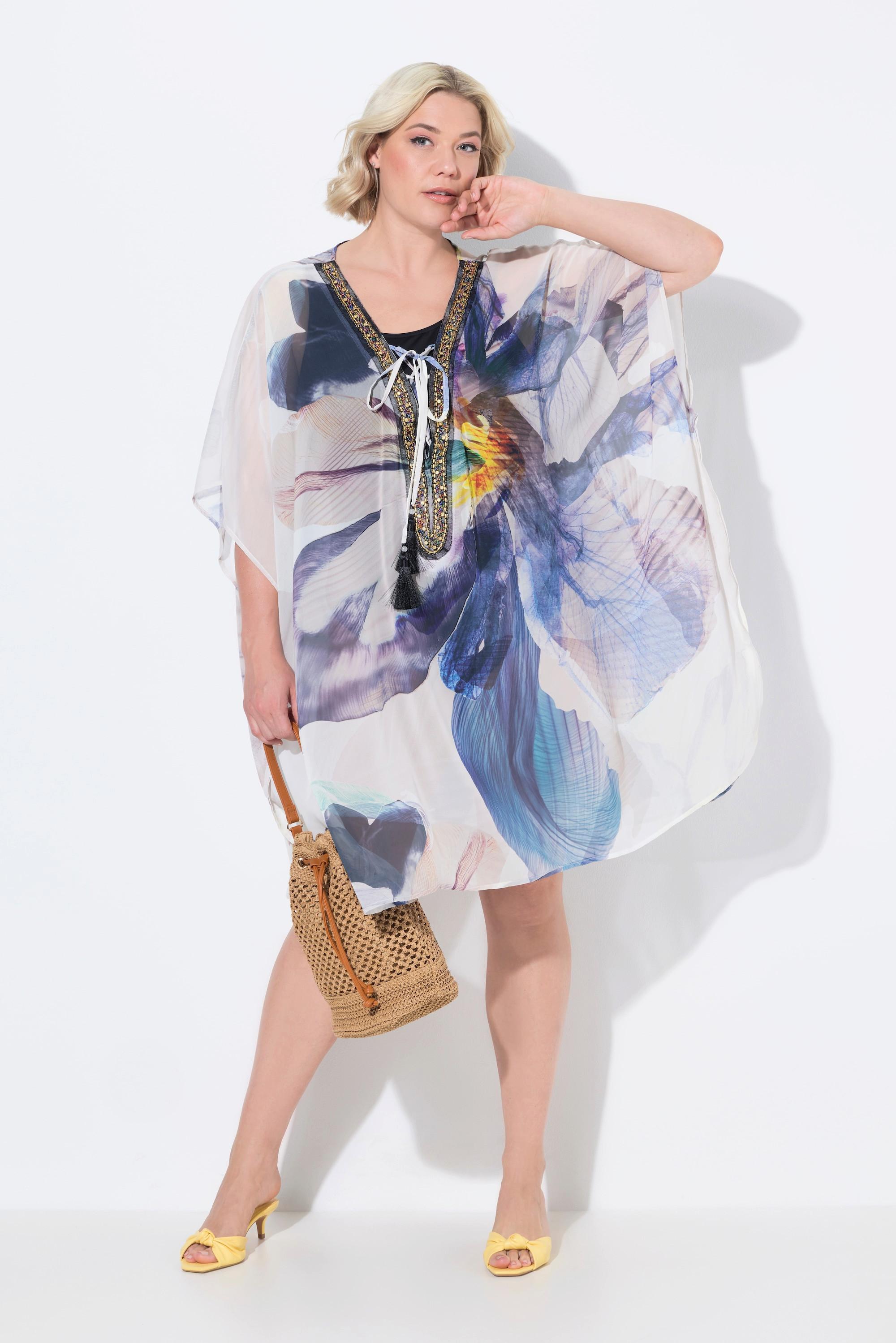 Ulla Popken Tunica Fiori Scollo a V Allacciatura Mezza Manica  