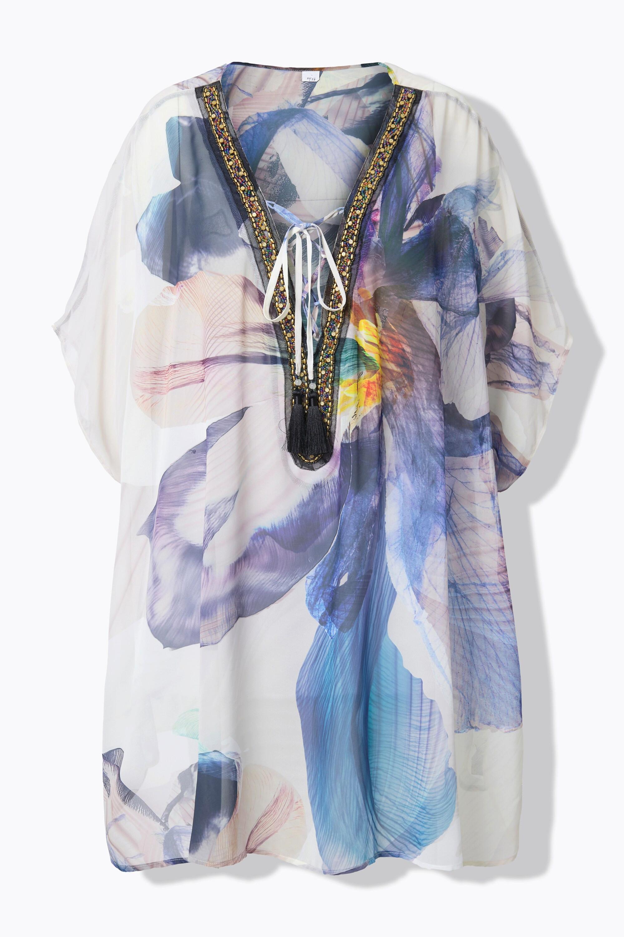 Ulla Popken Tunica Fiori Scollo a V Allacciatura Mezza Manica  