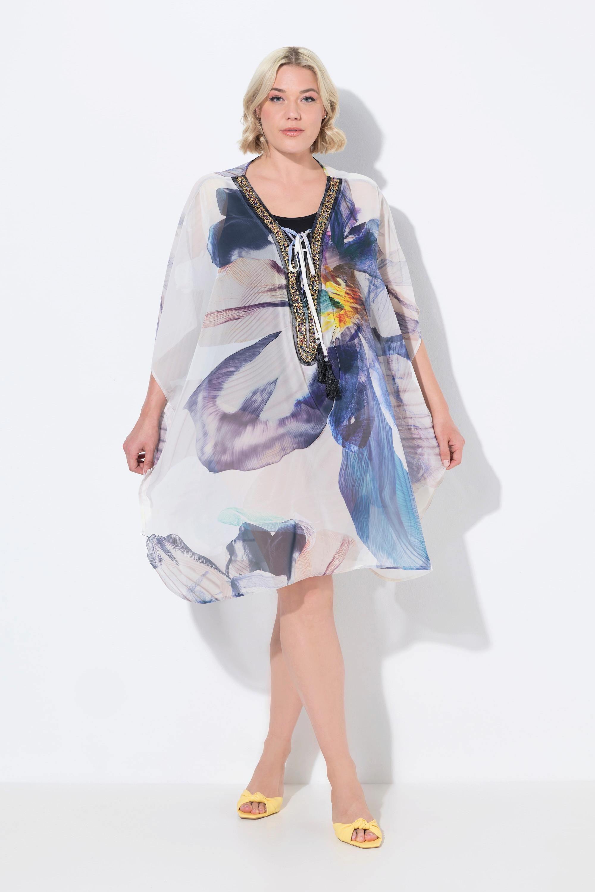 Ulla Popken Tunica Fiori Scollo a V Allacciatura Mezza Manica  