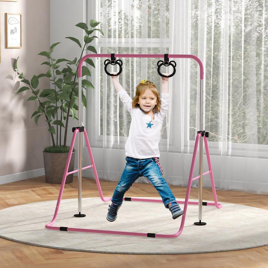 Northio  Barra da ginnastica per bambini, barra orizzontale regolabile in altezza a 5 livelli, sistema di barra orizzontale con anelli da ginnastica per uso interno, portata fino a 50 kg, rosa acciaio 