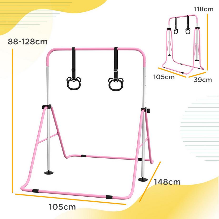 Northio  Barra da ginnastica per bambini, barra orizzontale regolabile in altezza a 5 livelli, sistema di barra orizzontale con anelli da ginnastica per uso interno, portata fino a 50 kg, rosa acciaio 
