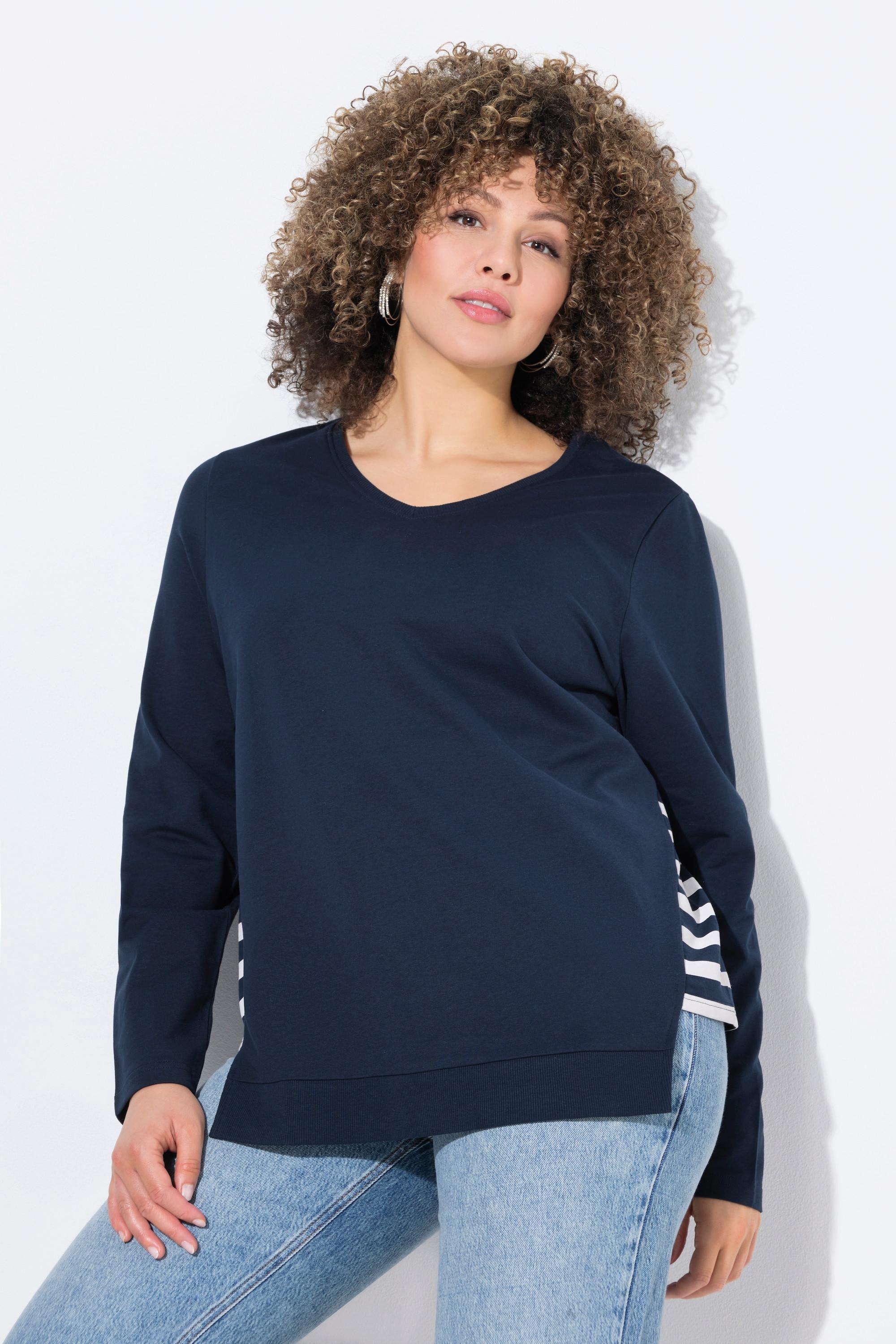 Ulla Popken Gestreiftes A-Linien V-Ausschnitt Langarm Sweatshirt  