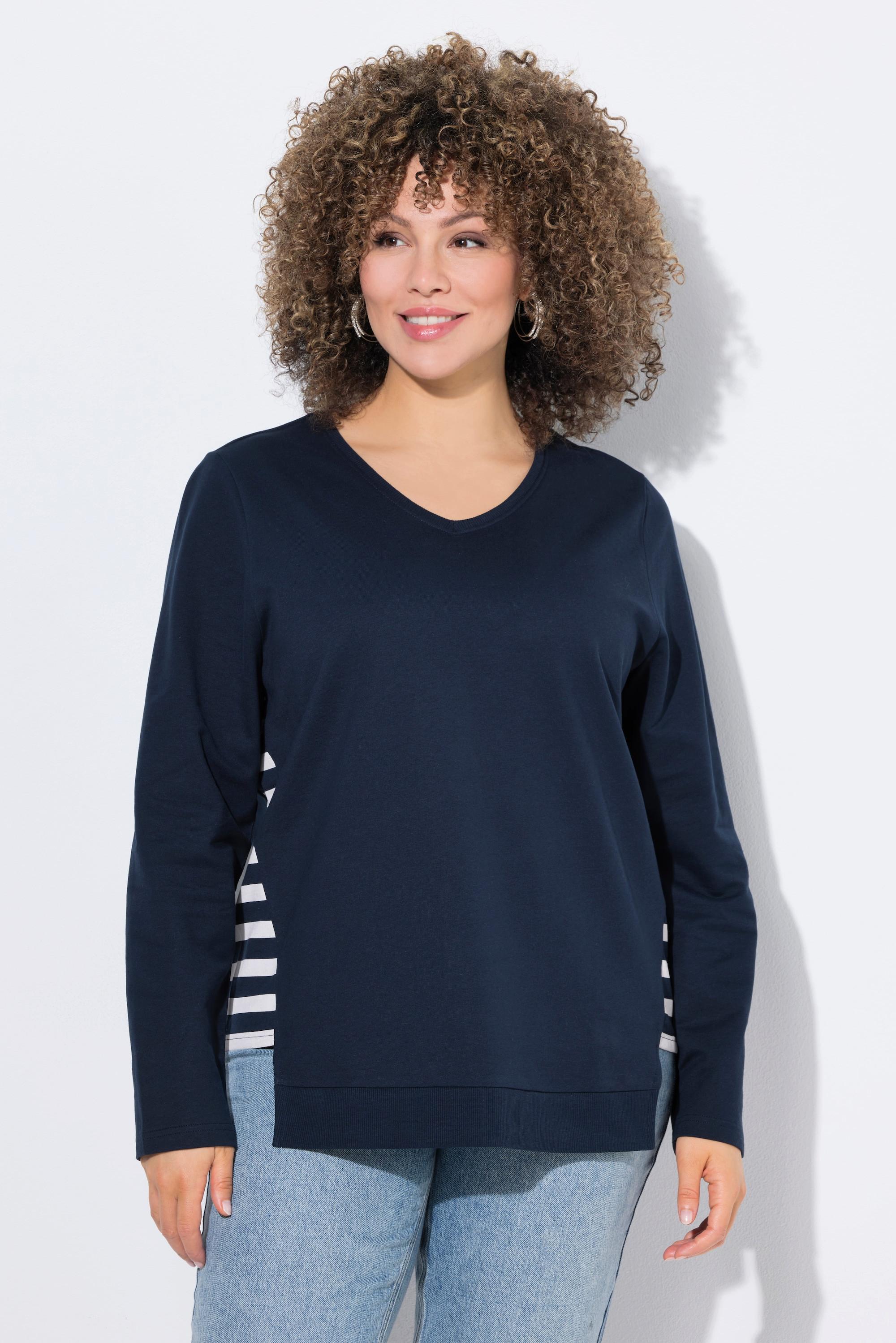 Ulla Popken Gestreiftes A-Linien V-Ausschnitt Langarm Sweatshirt  
