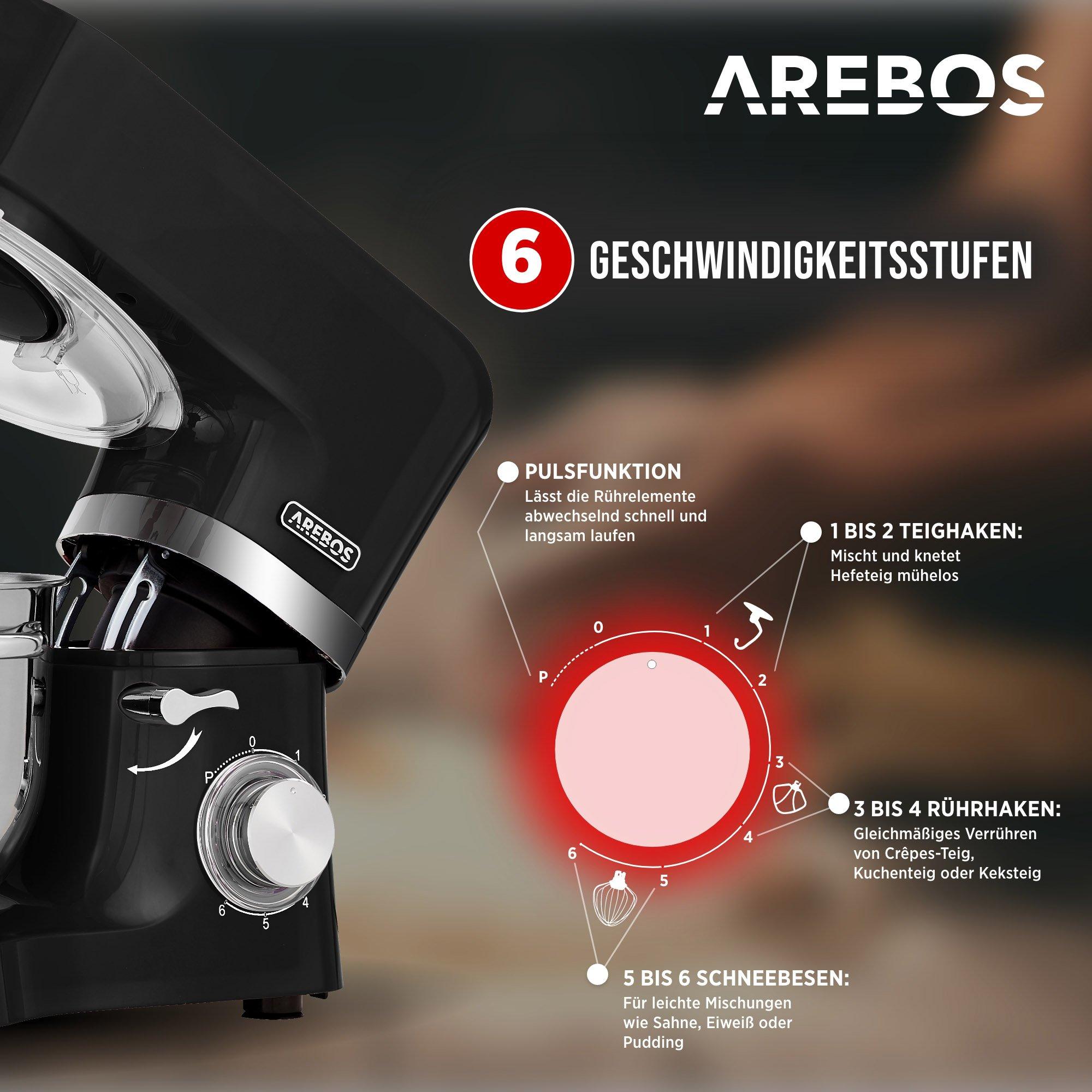 Arebos Küchenmaschine 1500W mit 2x Edelstahl-Rührschüsseln Geräuscharm 6 Stufen  