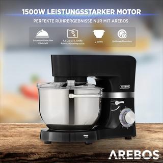 Arebos Küchenmaschine 1500W mit 2x Edelstahl-Rührschüsseln Geräuscharm 6 Stufen  