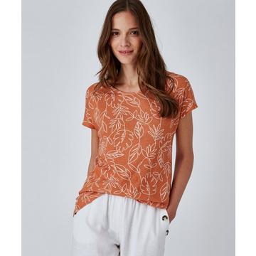 Bedrucktes Shirt Farbton Karamel mit grossem Blätterdruck vorn, aus Leinen-Mix, T-Ärmel, eingefasster Rundhalsausschnitt.