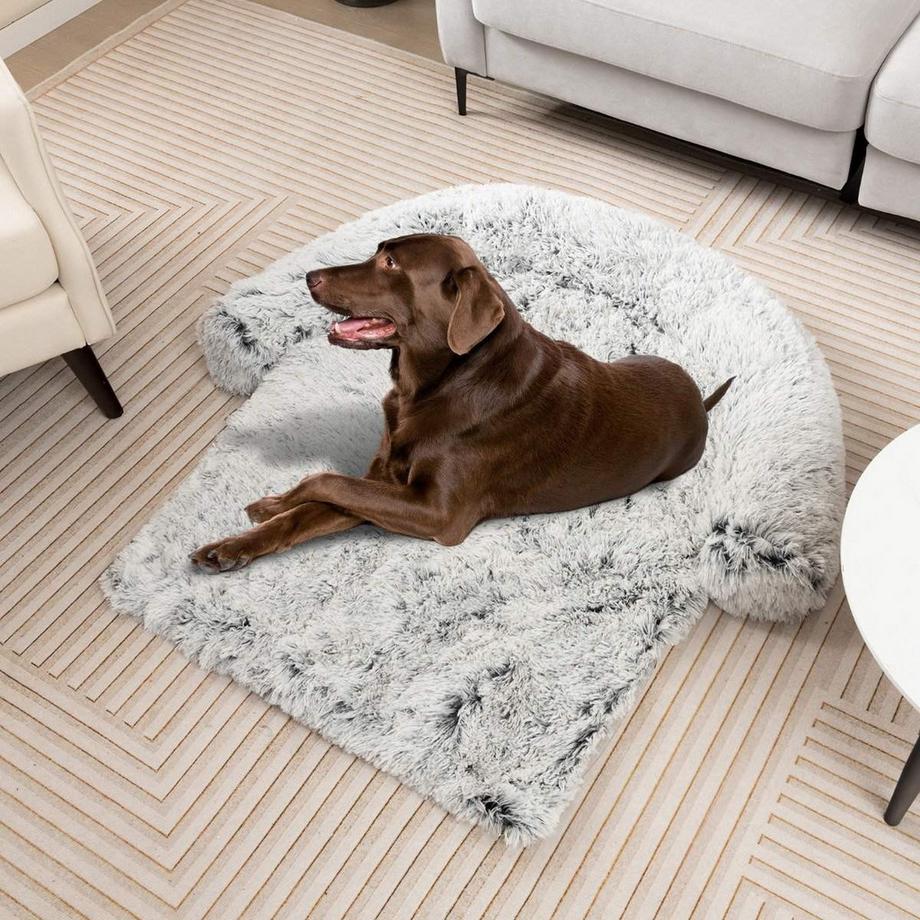 Lit en peluche pour chien avec fond antidérapant, housse amovible lavable et tour de cou doux, grand 115 x 120 cm, gris-blanc