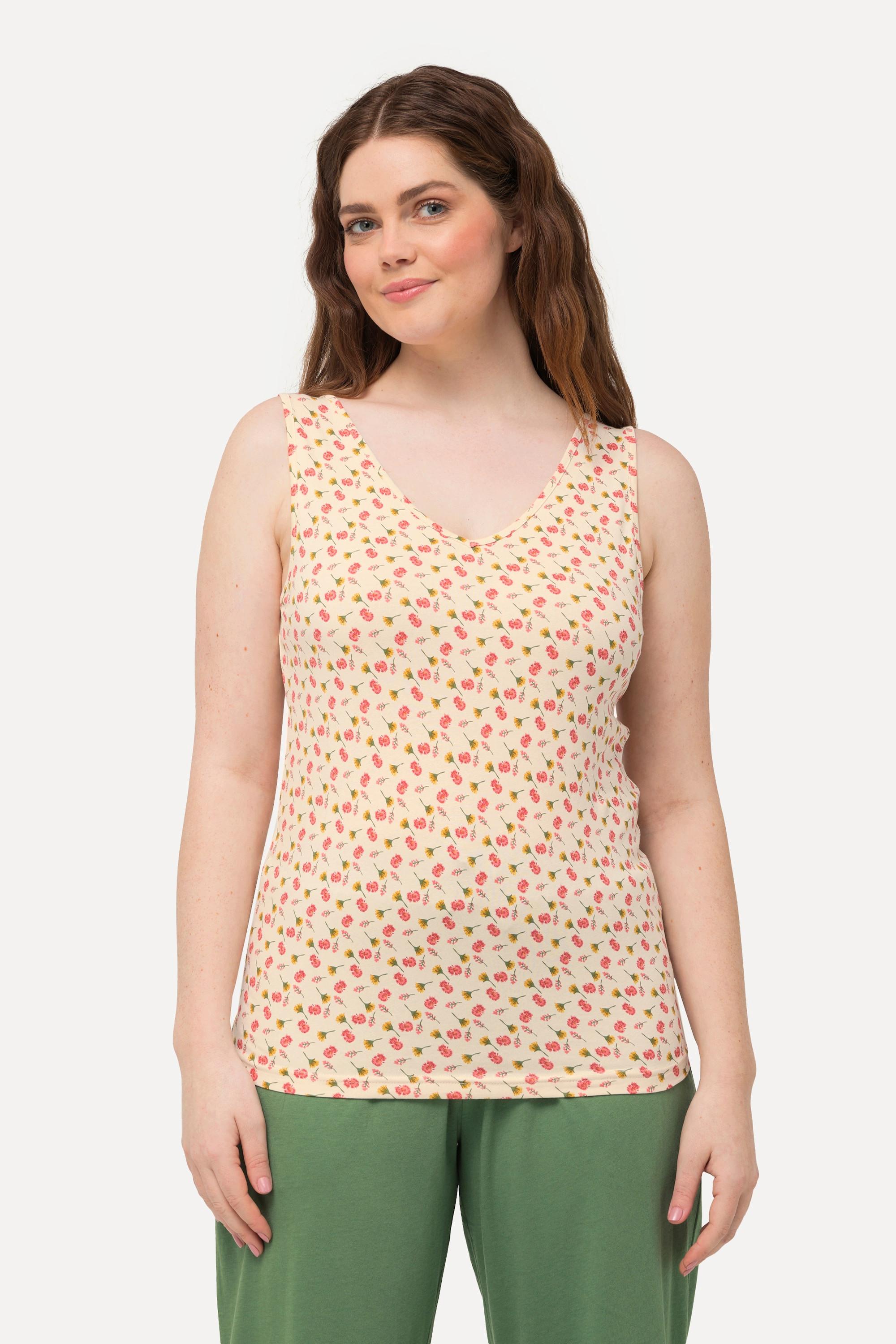 Ulla Popken Canotte Confezione Doppia Fiori Tinta Unita Scollo a V Senza Maniche  