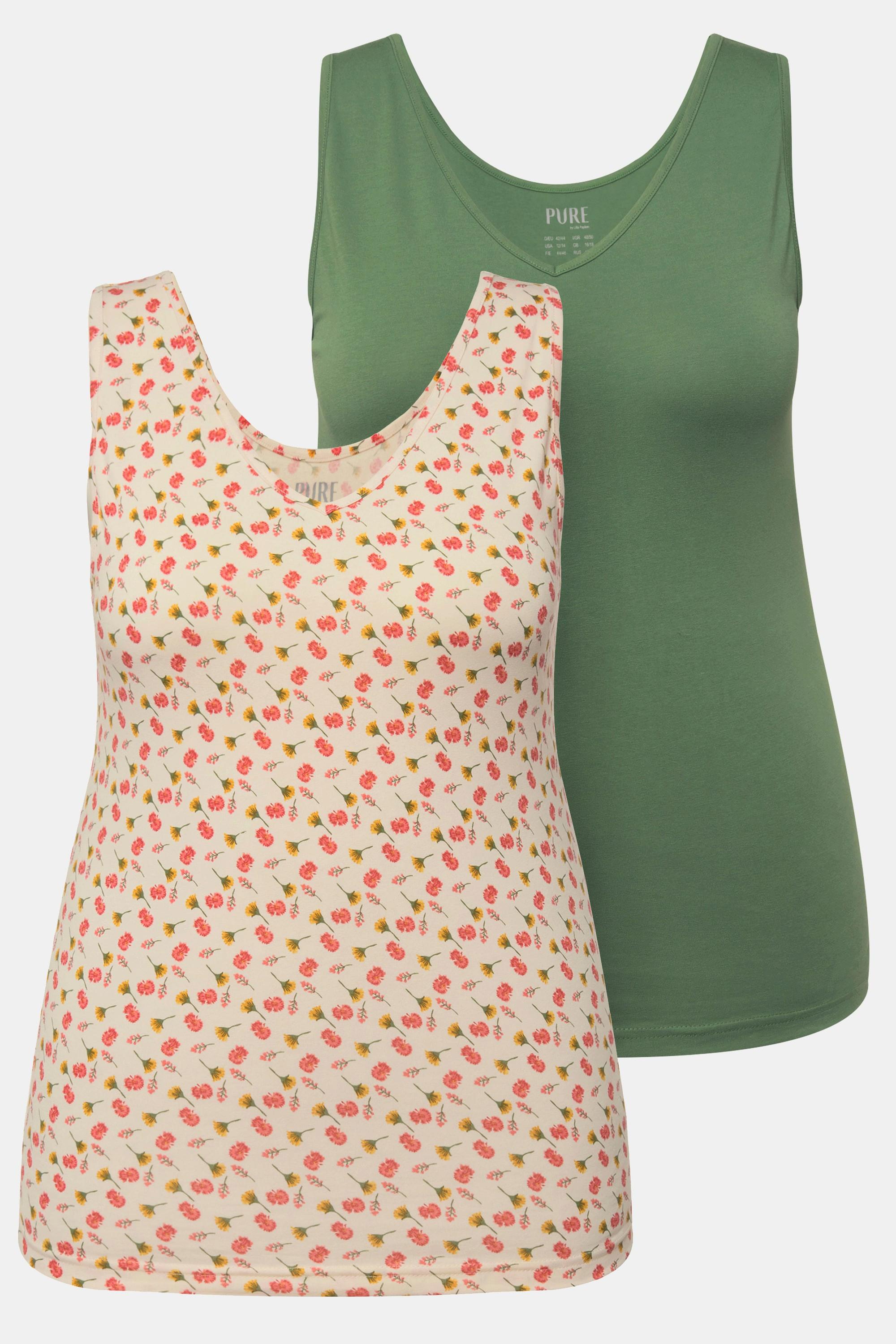 Ulla Popken  Tanktops, 2er-Pack, Blüten/einfarbig, V-Ausschnitt, ärmellos 