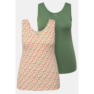 Ulla Popken  Tanktops, 2er-Pack, Blüten/einfarbig, V-Ausschnitt, ärmellos 