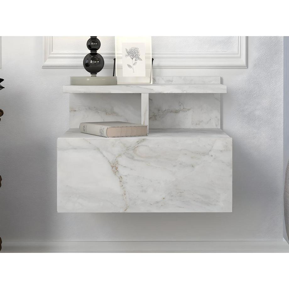 Vente-unique Comodino sospeso 1 cassetto Effetto marmo Bianco - Lotto di 2 - AZELNO  
