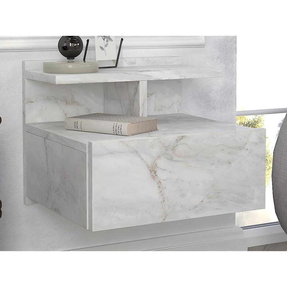 Vente-unique Comodino sospeso 1 cassetto Effetto marmo Bianco - Lotto di 2 - AZELNO  