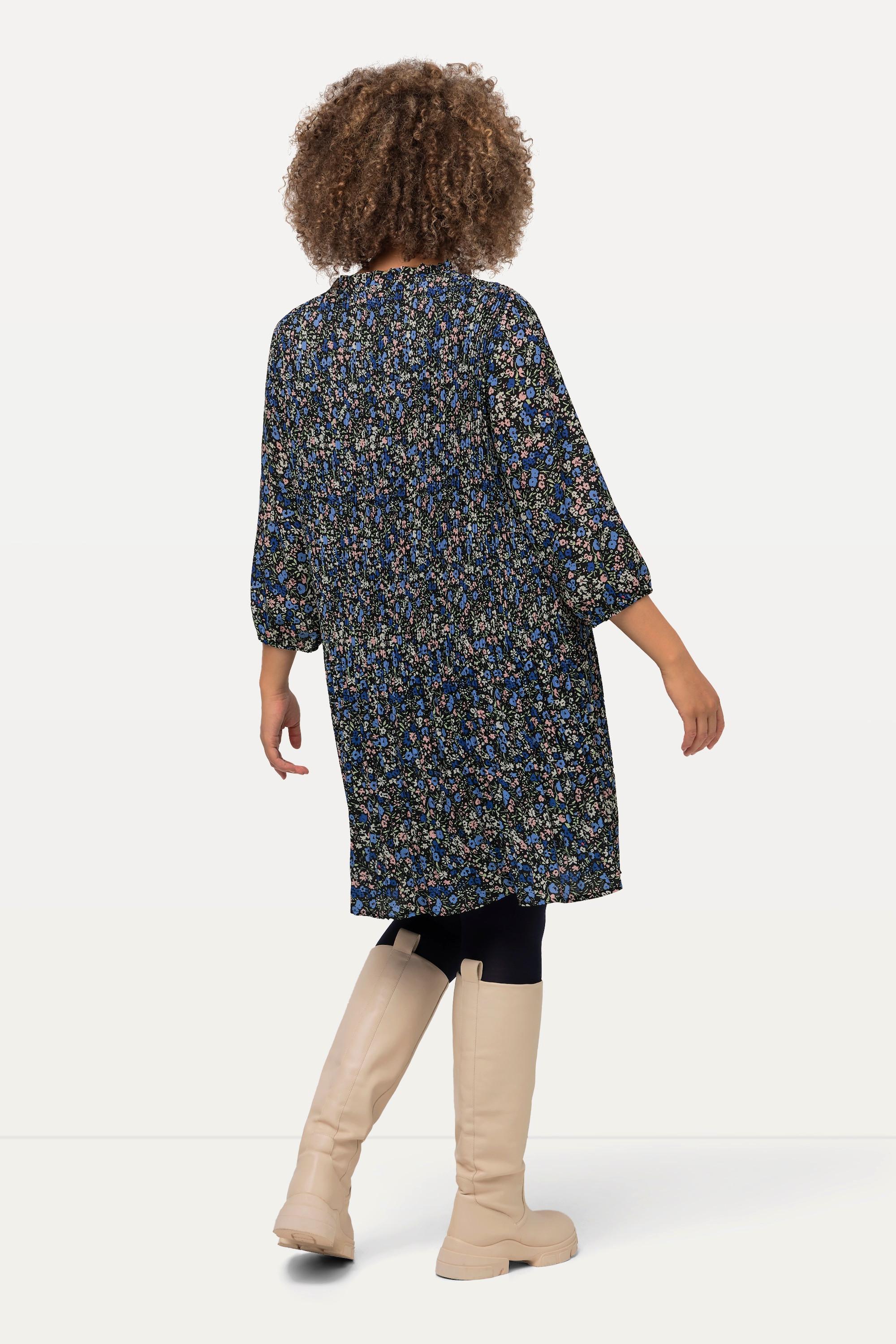 Ulla Popken Abito Mini Plissettato Fiori Ruche Collo Alto Maniche 3/4  