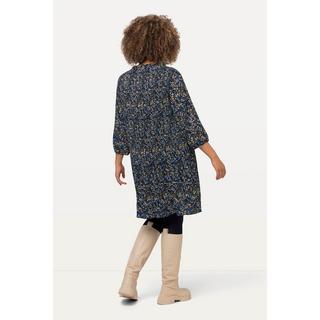 Ulla Popken Abito Mini Plissettato Fiori Ruche Collo Alto Maniche 3/4  