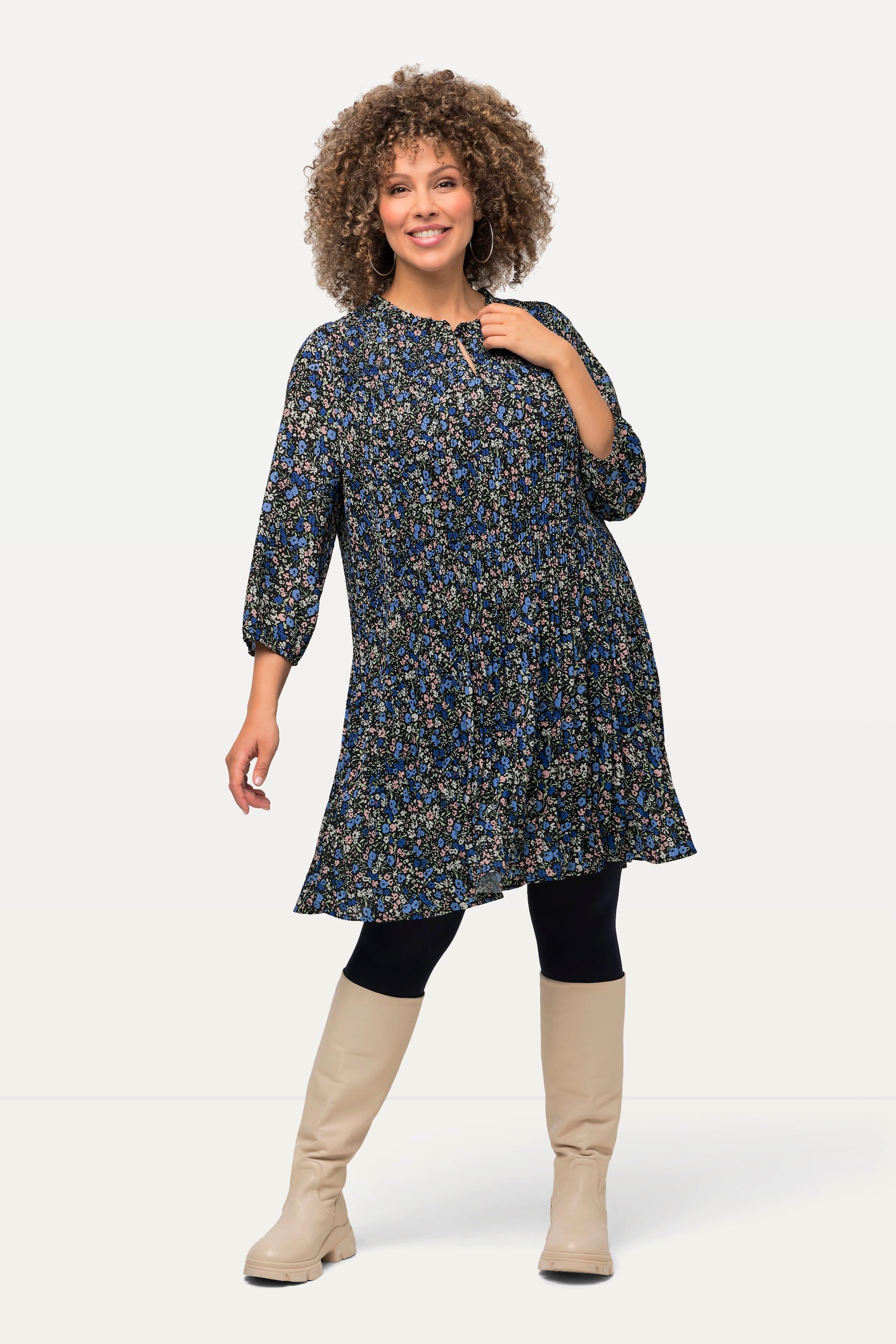 Ulla Popken Abito Mini Plissettato Fiori Ruche Collo Alto Maniche 3/4  