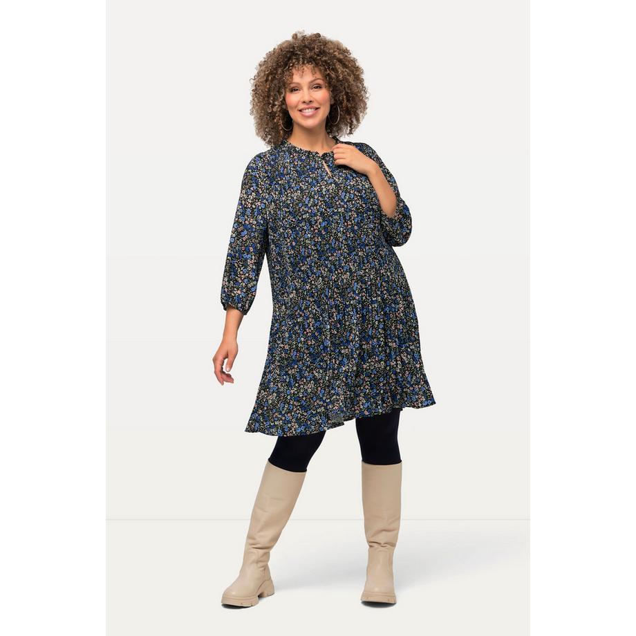 Ulla Popken Plissee Minikleid Blüten Rüschen Stehkragen 3/4 Arm  