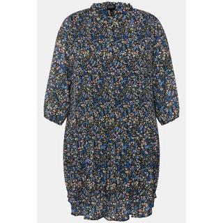 Ulla Popken Abito Mini Plissettato Fiori Ruche Collo Alto Maniche 3/4  