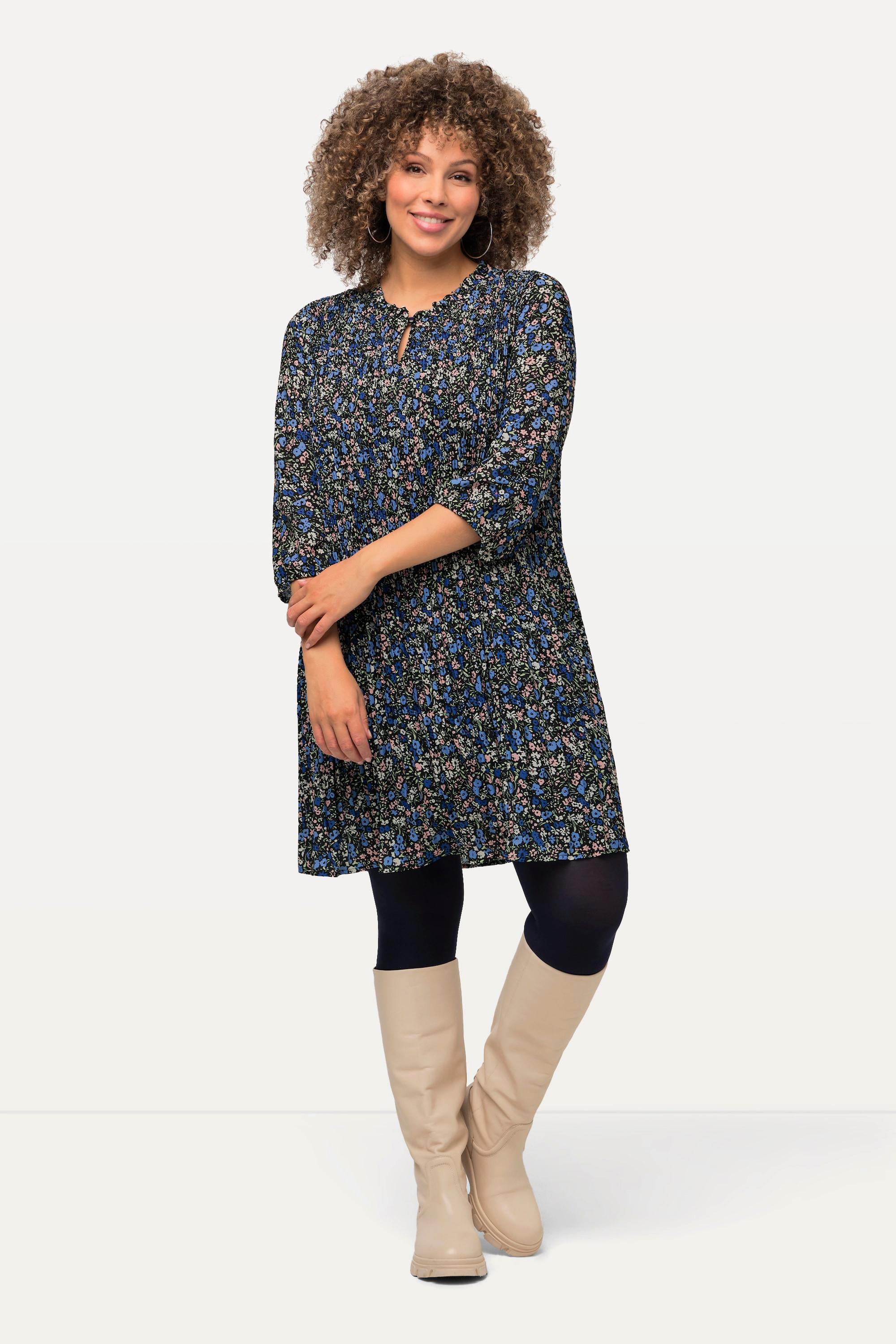 Ulla Popken Abito Mini Plissettato Fiori Ruche Collo Alto Maniche 3/4  