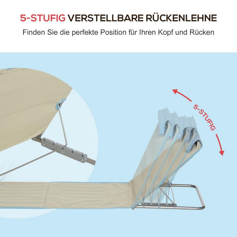 Northio  Strandmatte, 2er Set Faltbare Strandliege mit Kopfkissen, 5-stufige Höhenverstellbare Strandmatratze mit Tragetasche, Stahl, Beige, 134 x 48 x 33-43 cm Aosom 