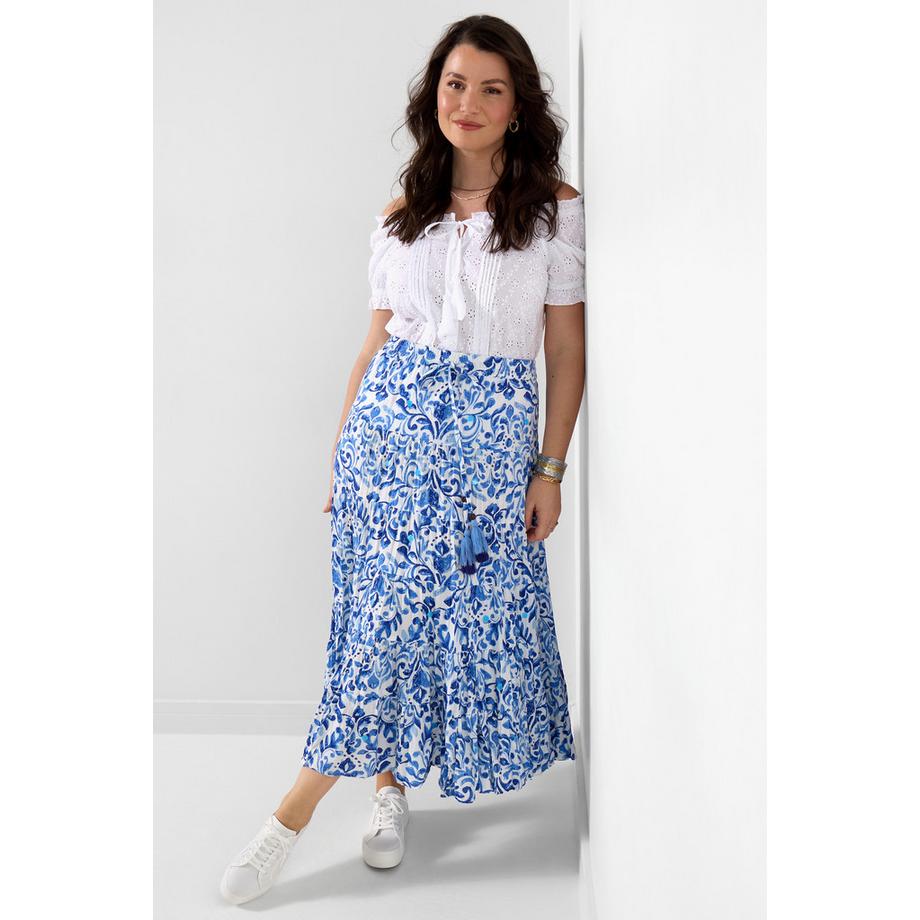 Crinkle-Maxirock mit Blumenprint und Quastendetail