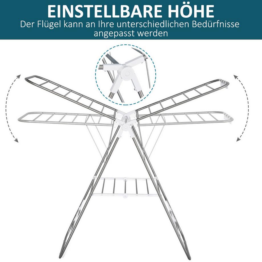 Northio Wäscheständer Faltbar Tragbar Flügeltrockner Teleskopstangen Edelstahl Kunststoff Silber+Weiß 146X60,5X98Cm  