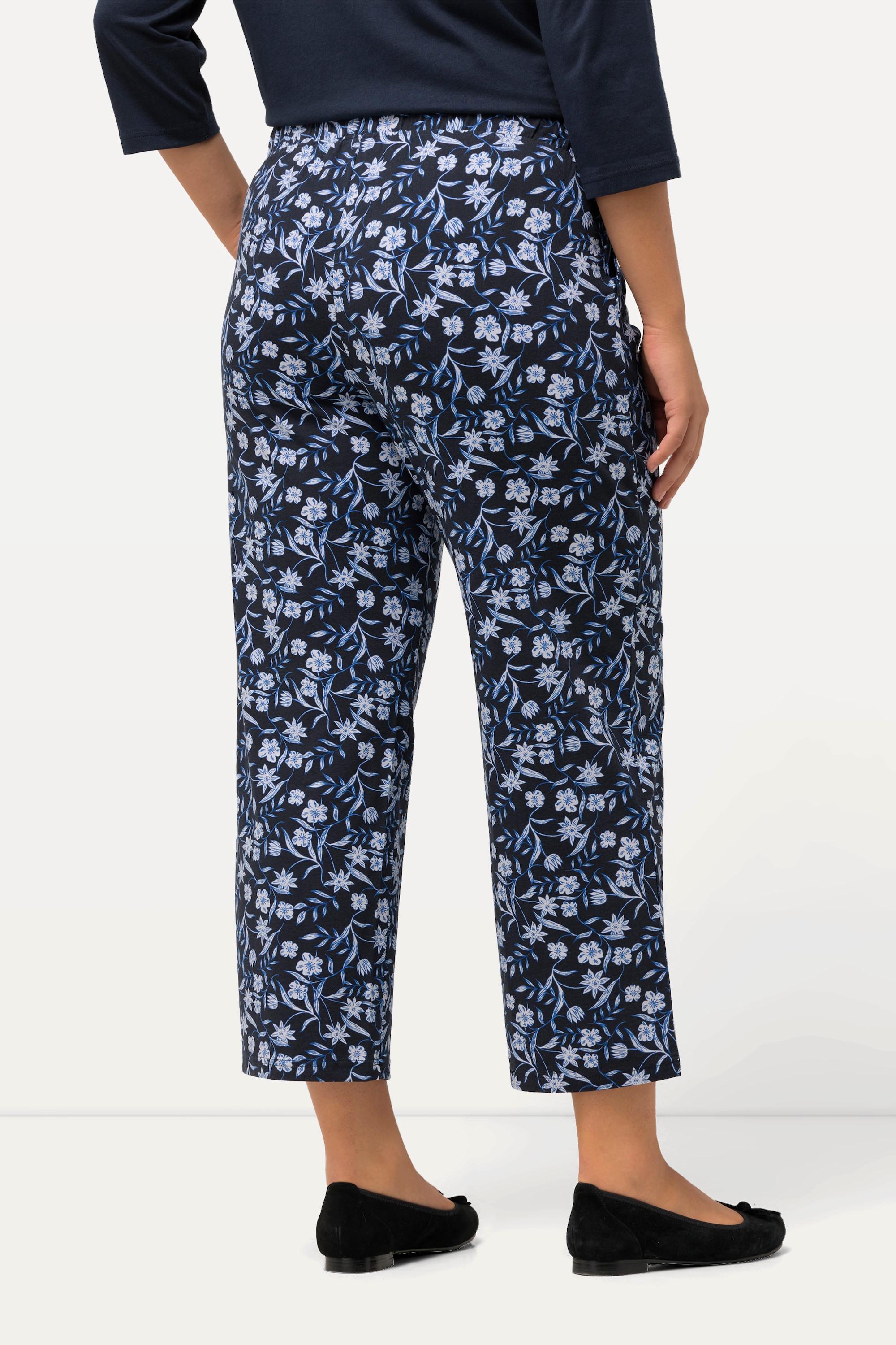 Ulla Popken  Pantaloni di jersey a 7/8 con fiori, taglio della gamba ampio e cintura elastica 