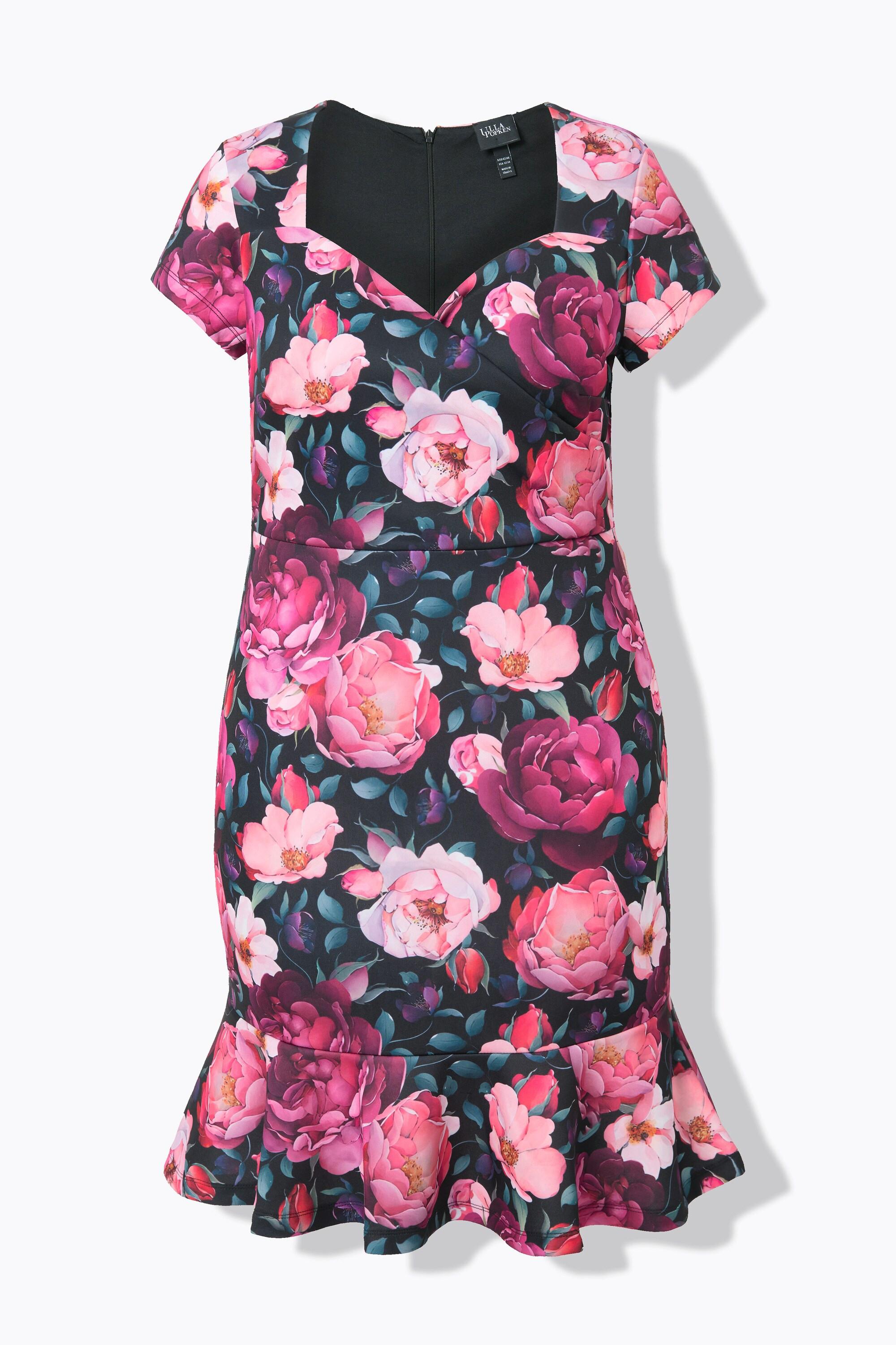 Ulla Popken Scubakleid leicht tailliert Blütenmuster Saumvolant  