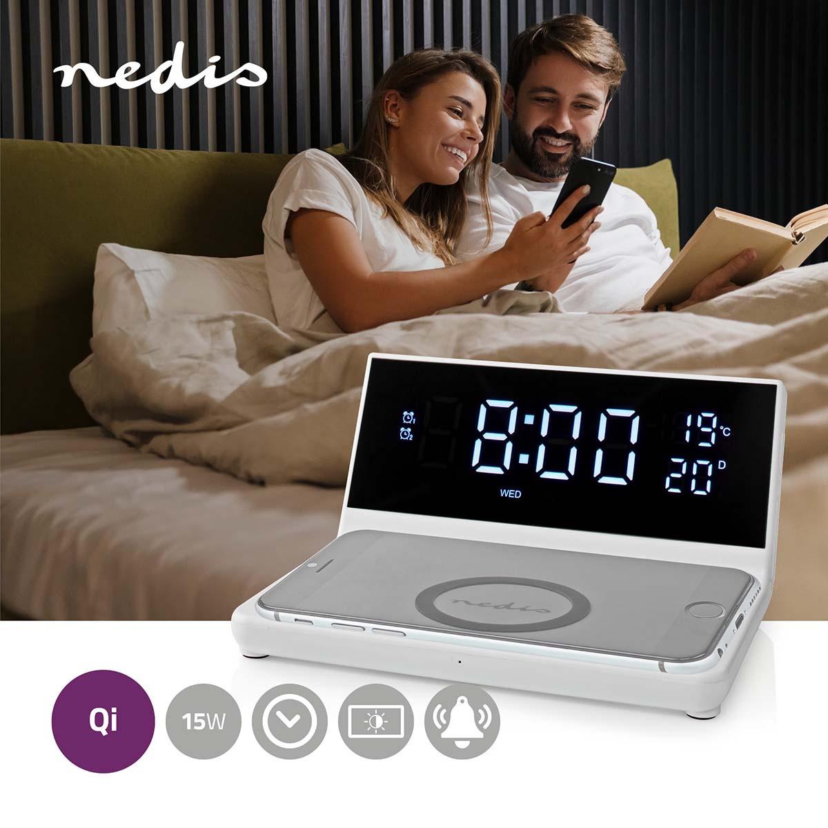 Nedis  Caricatore wireless per sveglia | Certificato Qi | 5 / 7,5 / 10 / 15 W | USB A-Hane | 2 orari di sveglia | Funzione Snooze 