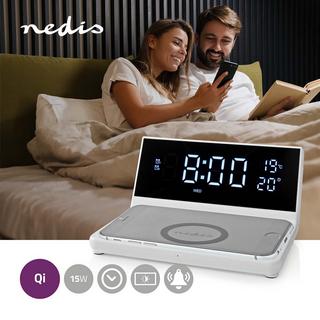 Nedis  Chargeur sans fil pour réveil | certifié Qi | 5 / 7,5 / 10 / 15 W | USB A-Hane | 2 heures d'alarme | Fonction Snooze 