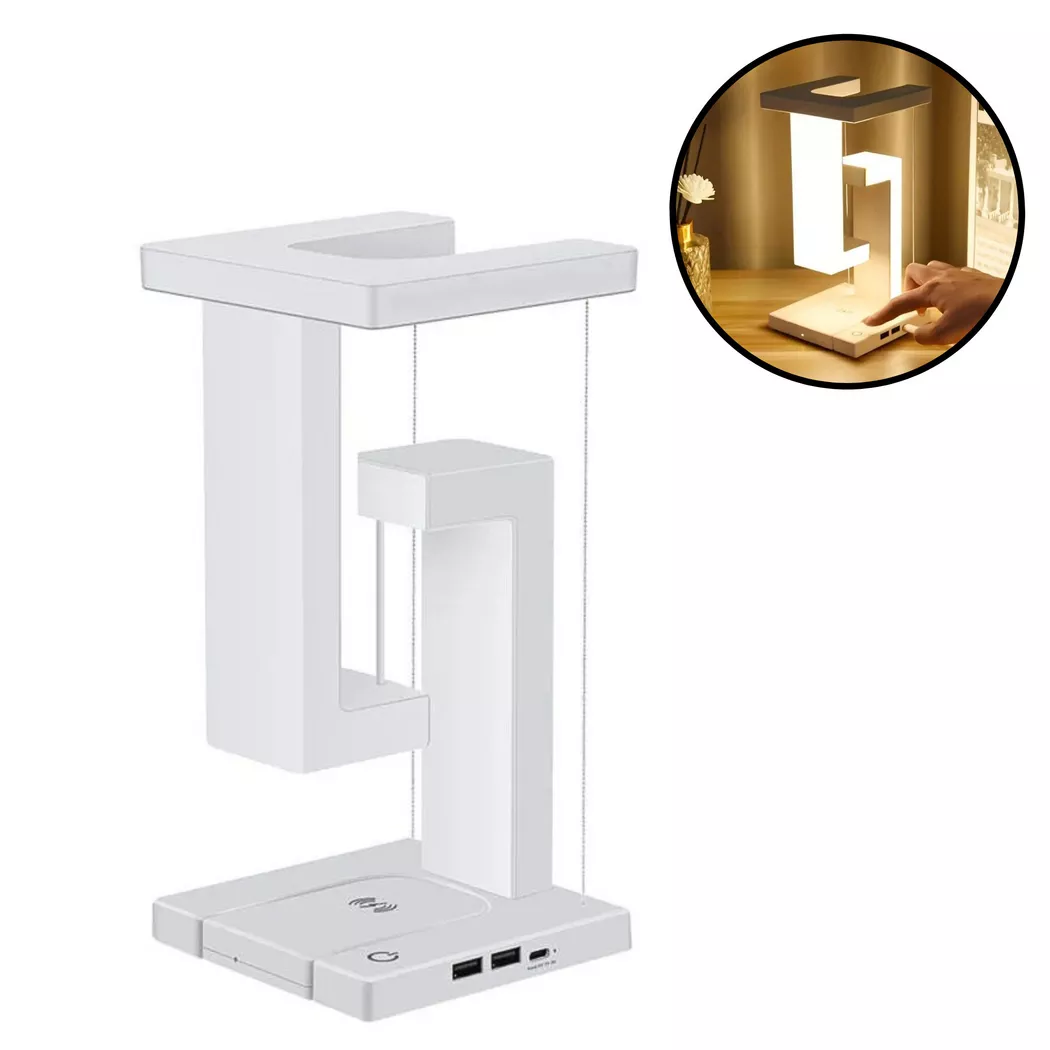 YUWANET – Elegante Tischlampe „anti-gravity“ mit Ladestation, Weiss