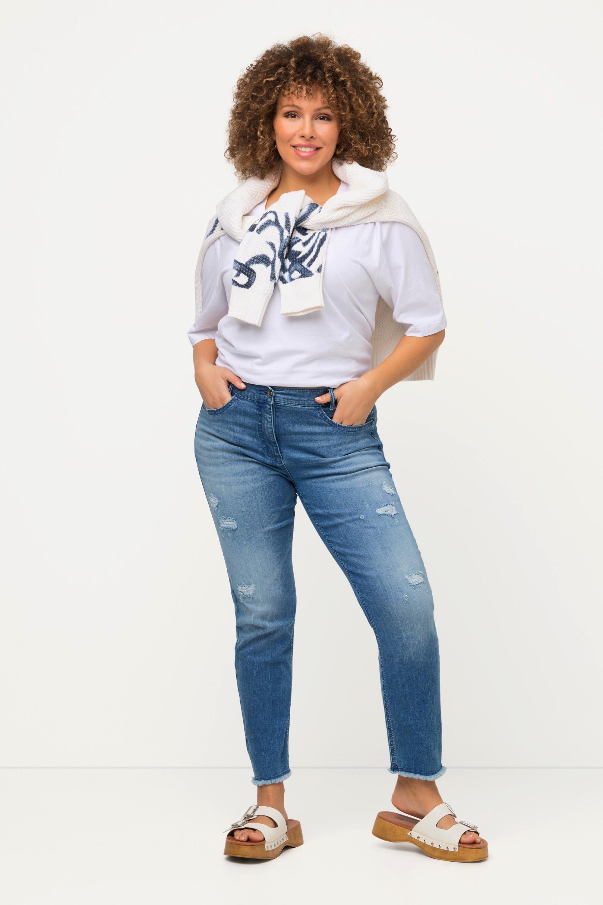 Ulla Popken  Jeans Sarah, Destroy-Effekt, schmales Bein, Fransensaum 