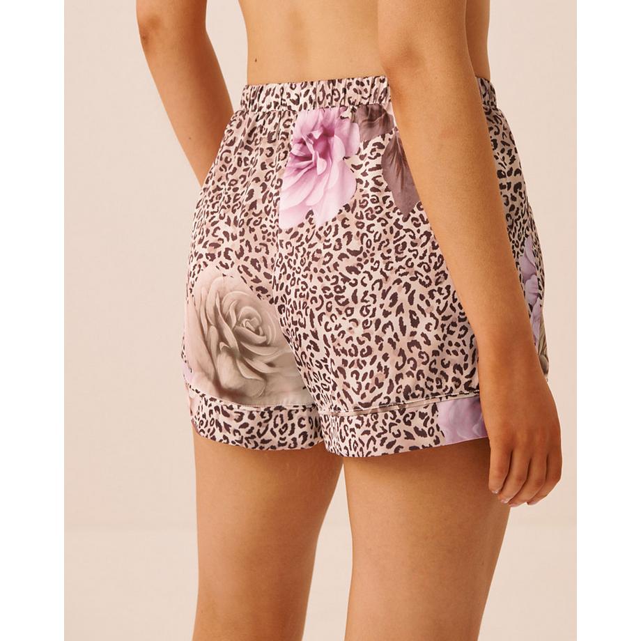 La Vie En Rose Satin-Shorts mit floralem Leopardenmuster  