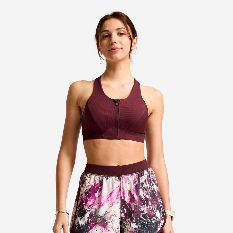 Brassière de sport côtelée zippée maintien modéré Femme, bordeaux