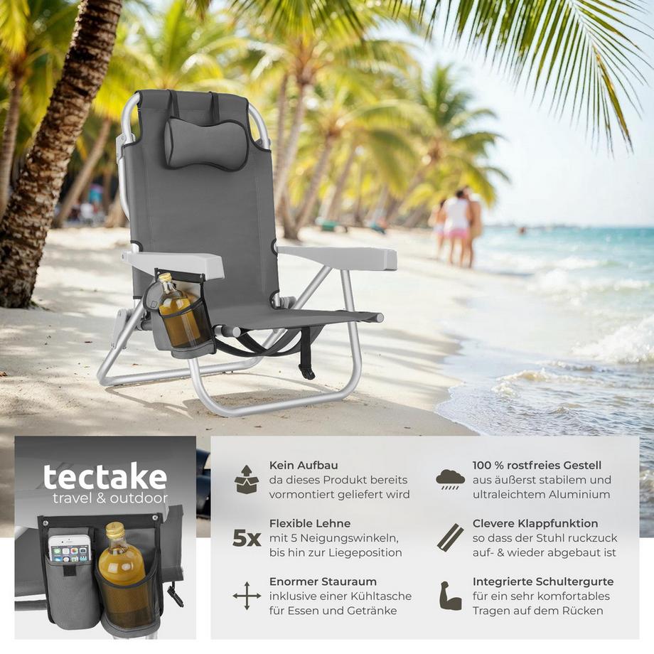 Tectake Strandstuhl aus Aluminium mit Rucksackfunktion und klappbarer, verstellbarer Rückenlehne, 2 Stück  