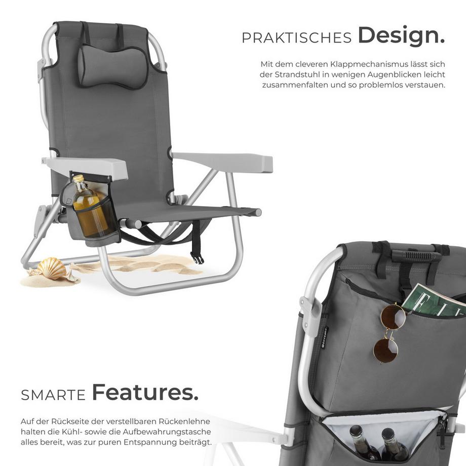 Tectake Strandstuhl aus Aluminium mit Rucksackfunktion und klappbarer, verstellbarer Rückenlehne, 2 Stück  