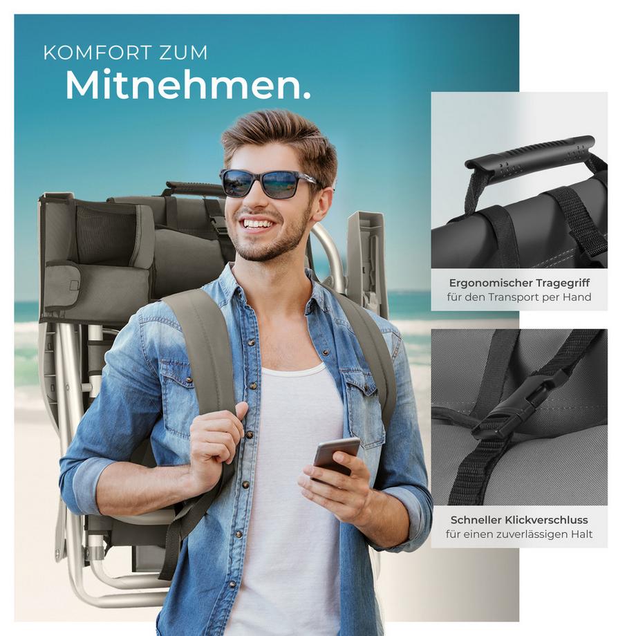 Tectake Strandstuhl aus Aluminium mit Rucksackfunktion und klappbarer, verstellbarer Rückenlehne, 2 Stück  