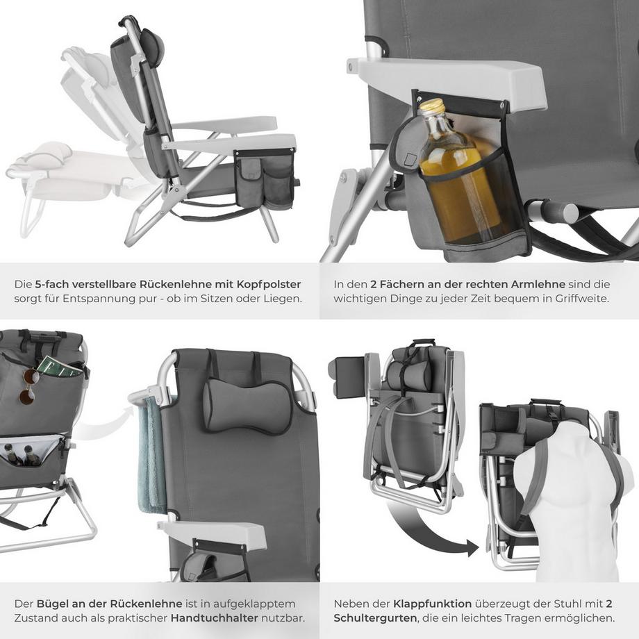 Tectake Strandstuhl aus Aluminium mit Rucksackfunktion und klappbarer, verstellbarer Rückenlehne, 2 Stück  
