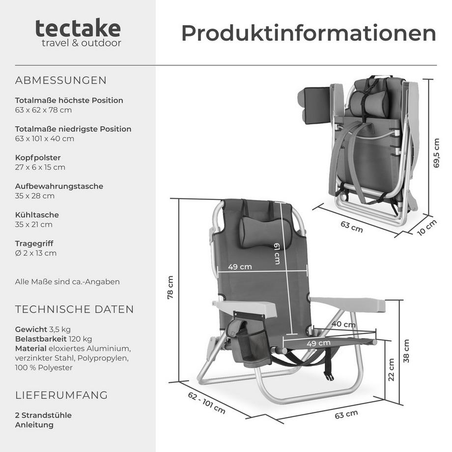 Tectake Strandstuhl aus Aluminium mit Rucksackfunktion und klappbarer, verstellbarer Rückenlehne, 2 Stück  