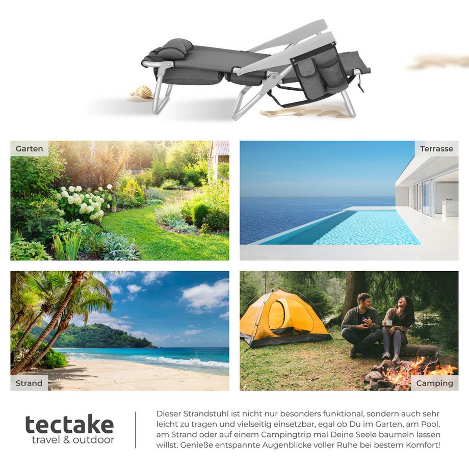 Tectake Strandstuhl aus Aluminium mit Rucksackfunktion und klappbarer, verstellbarer Rückenlehne, 2 Stück  