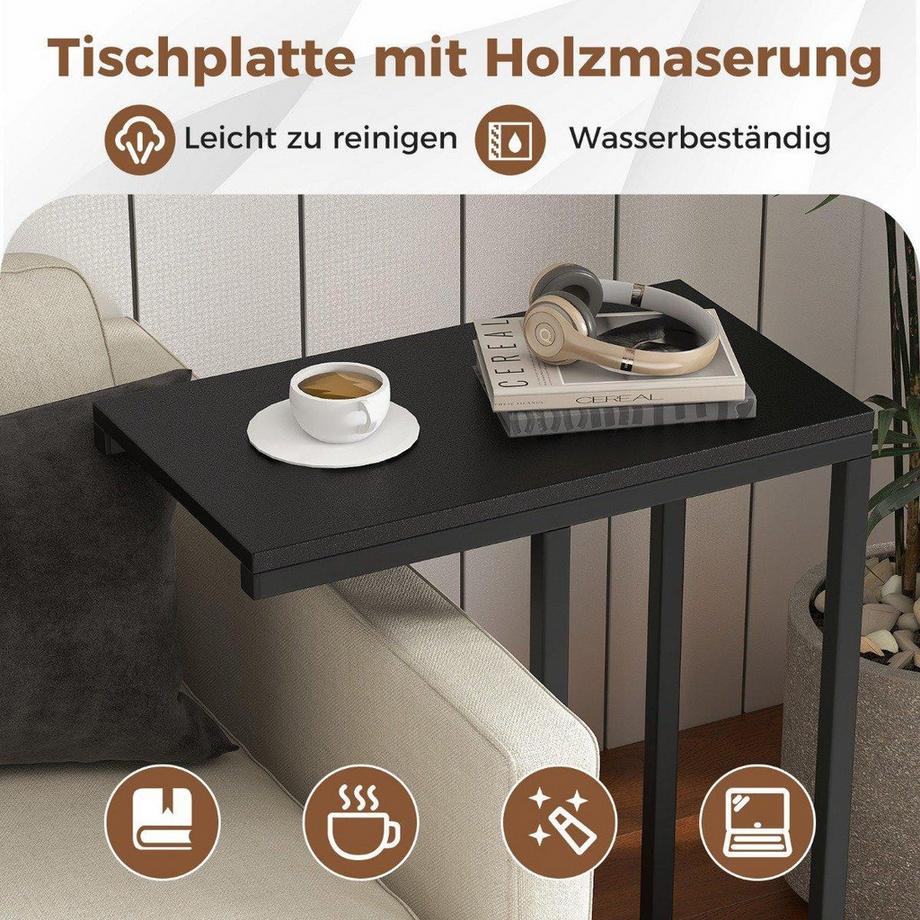 Beistelltisch C-Form Sofatisch mit Metallgestell Kaffeetisch für Wohnzimmer 45,5 x 25,5 x 64 cm Schwarz