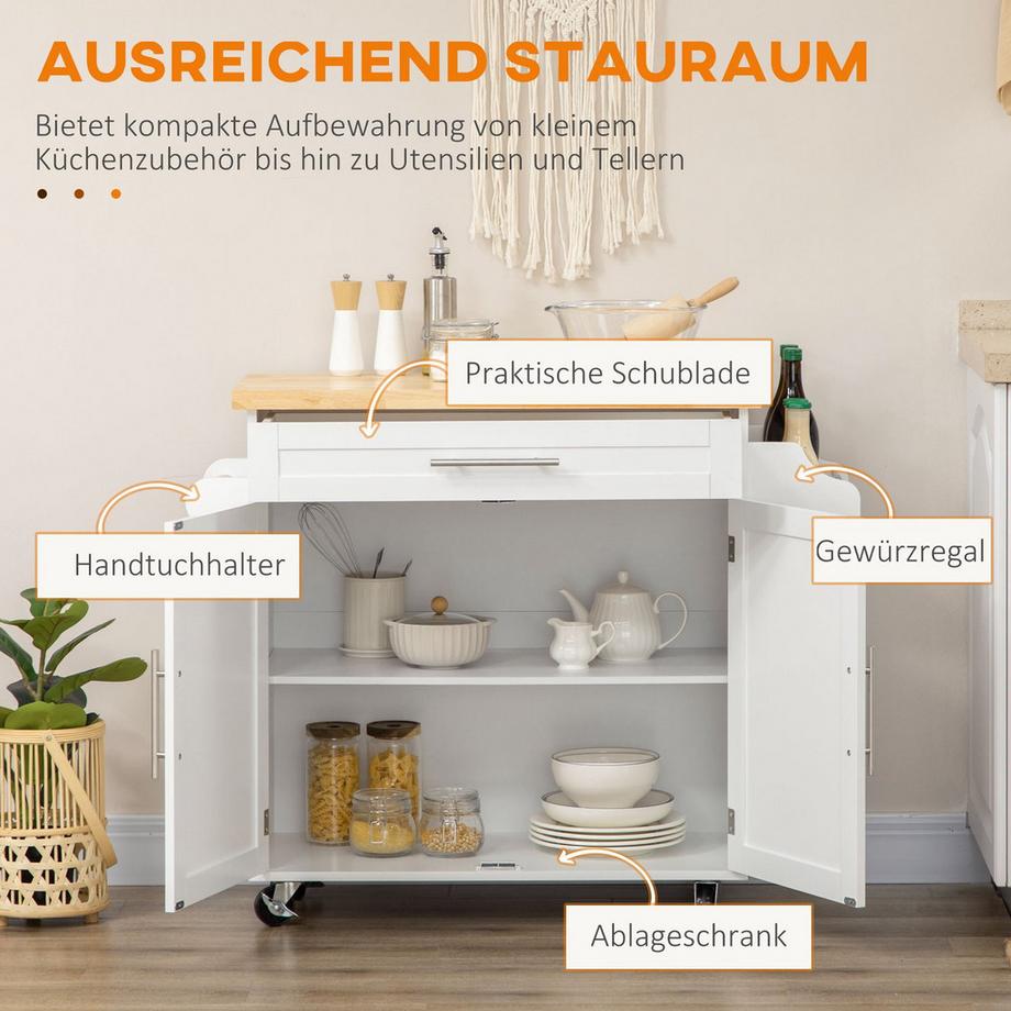 Northio Servierwagen Küchenwagen Mit Arbeitsplatte, Gewürzregal, Handtuchhalter, Weiß, 109X40X89Cm Für Wohnzimmer & Esszimmer  