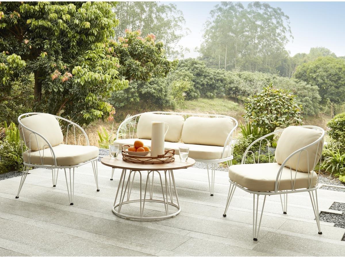 Vente-unique Salotto da giardino in Metallo: 1 divano 2 posti, 2 poltrone e un tavolino Bianco - ARLESAN  