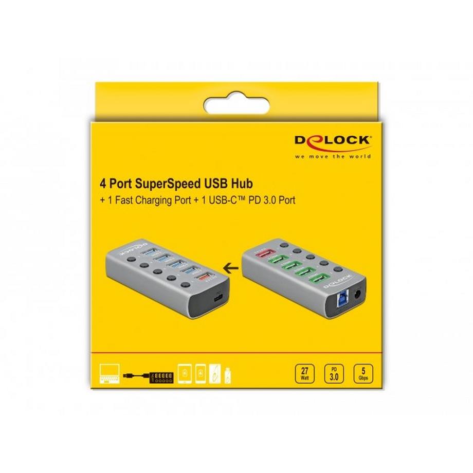 DeLock  63263 Schnittstellen-Hub USB 3.2 Gen 1 (3.1 Gen 1) Type-B 5000 Mbit/s Grau 