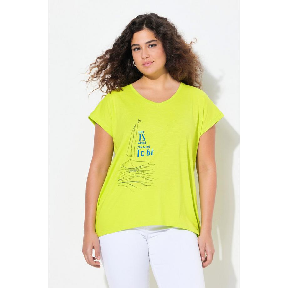 Ulla Popken T-Shirt Coupe Évasée Motif Bateau Col V Manches Courtes  